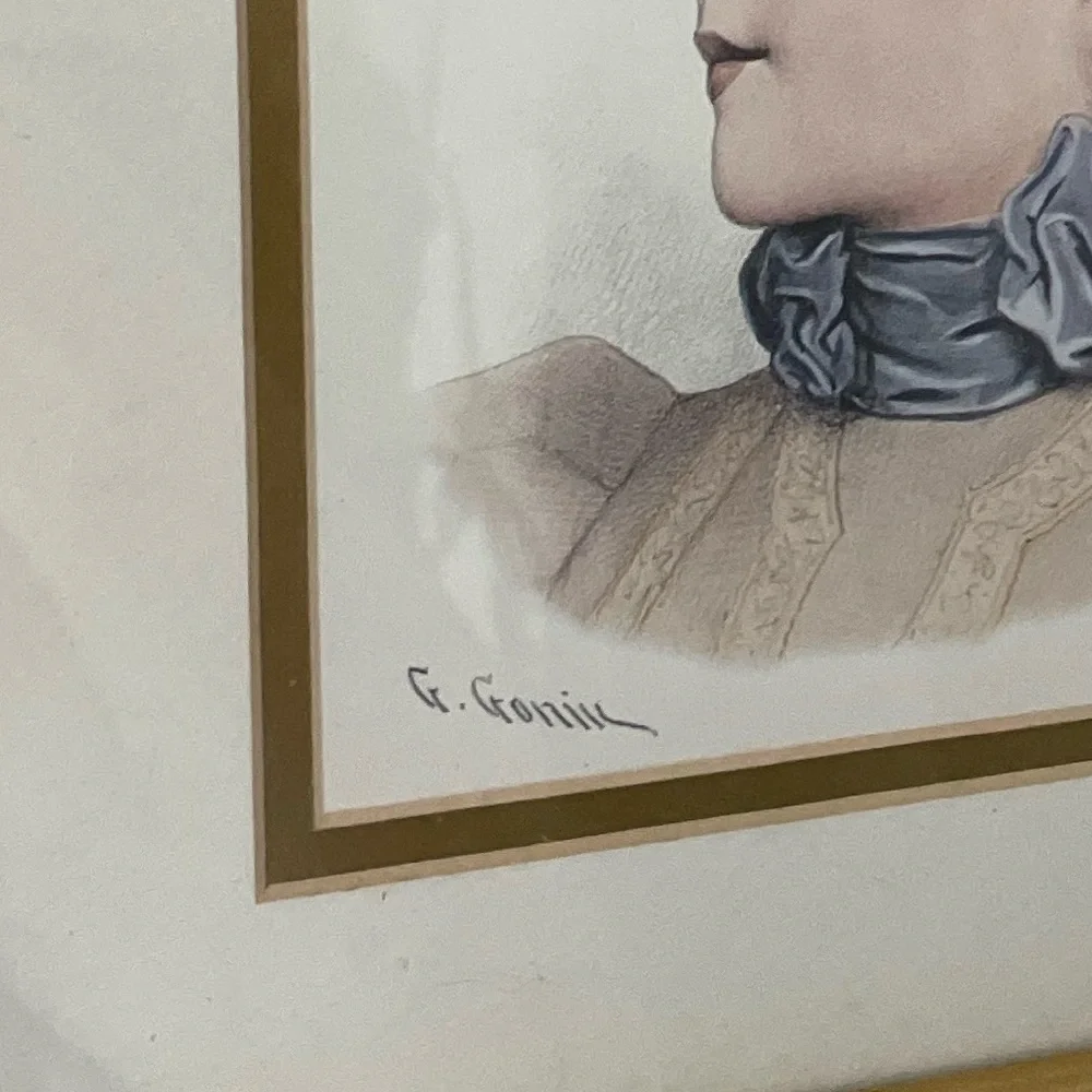 G Gonik 12x14 Victorian Lady Portrait in Gold Frame - Blue Hat Accent